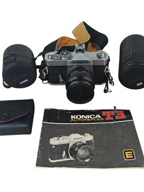 Vintage Konica Autoreflex T3 35mm Film Camera W/ Hexanon AR Lenses & Manual